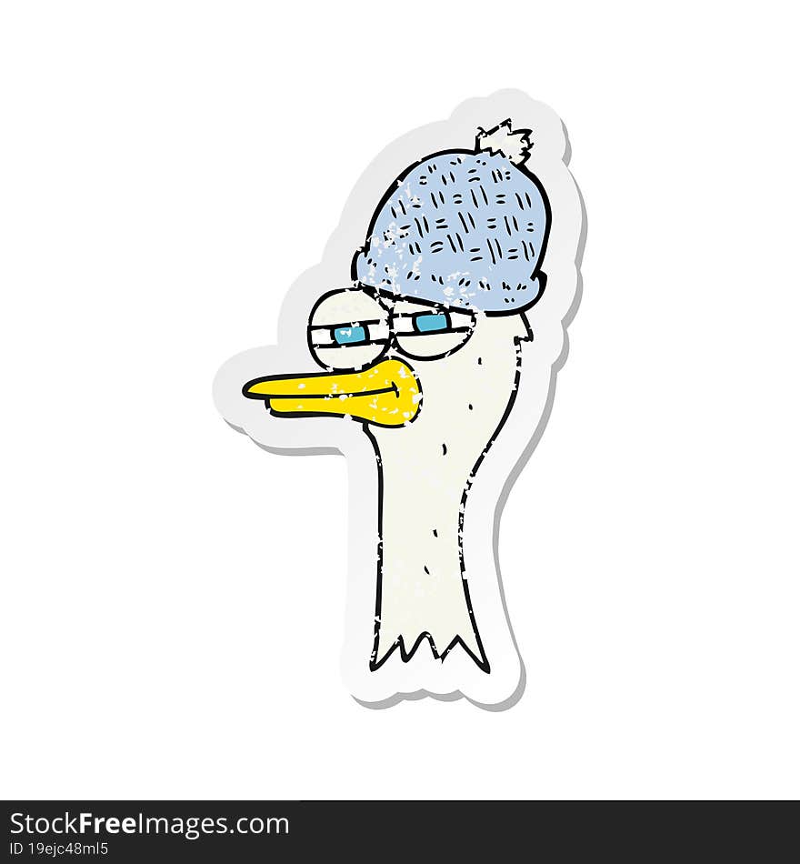 Retro Distressed Sticker Of A Cartoon Bird Wearing Hat