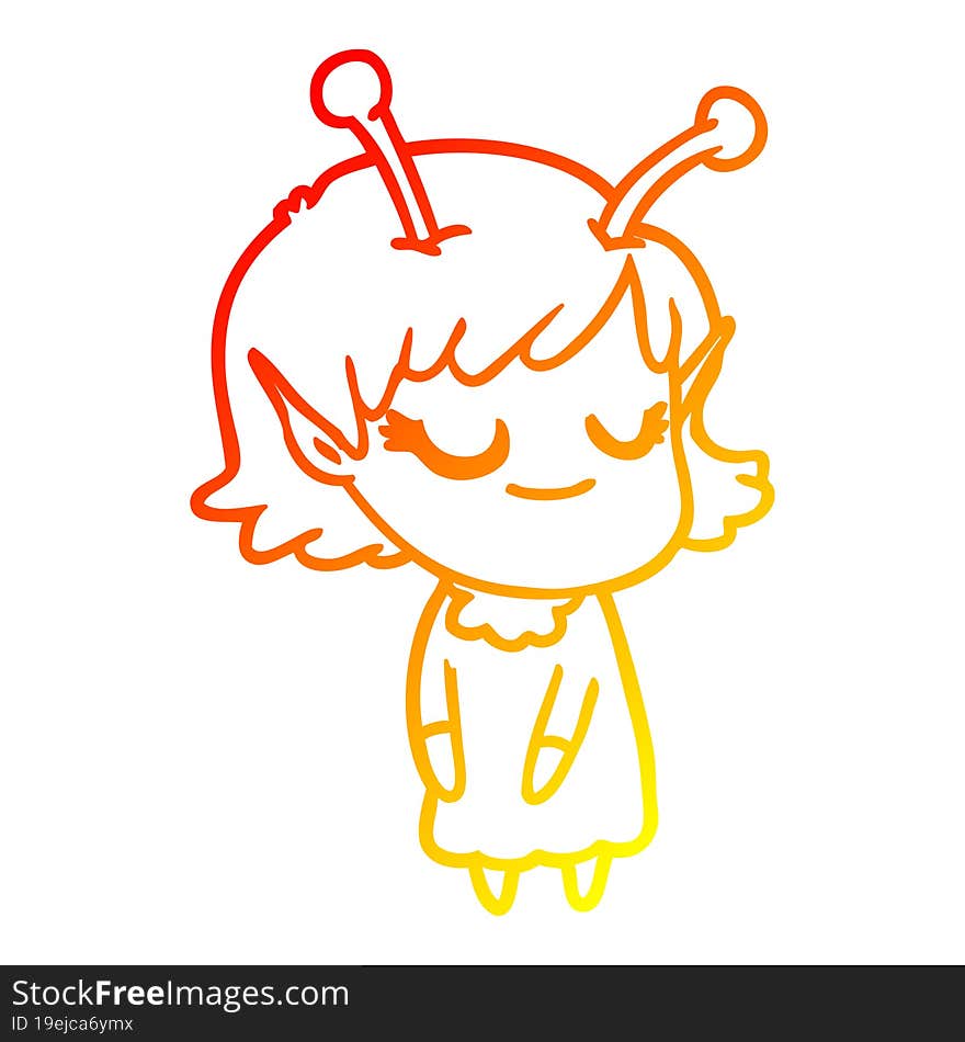 warm gradient line drawing smiling alien girl cartoon