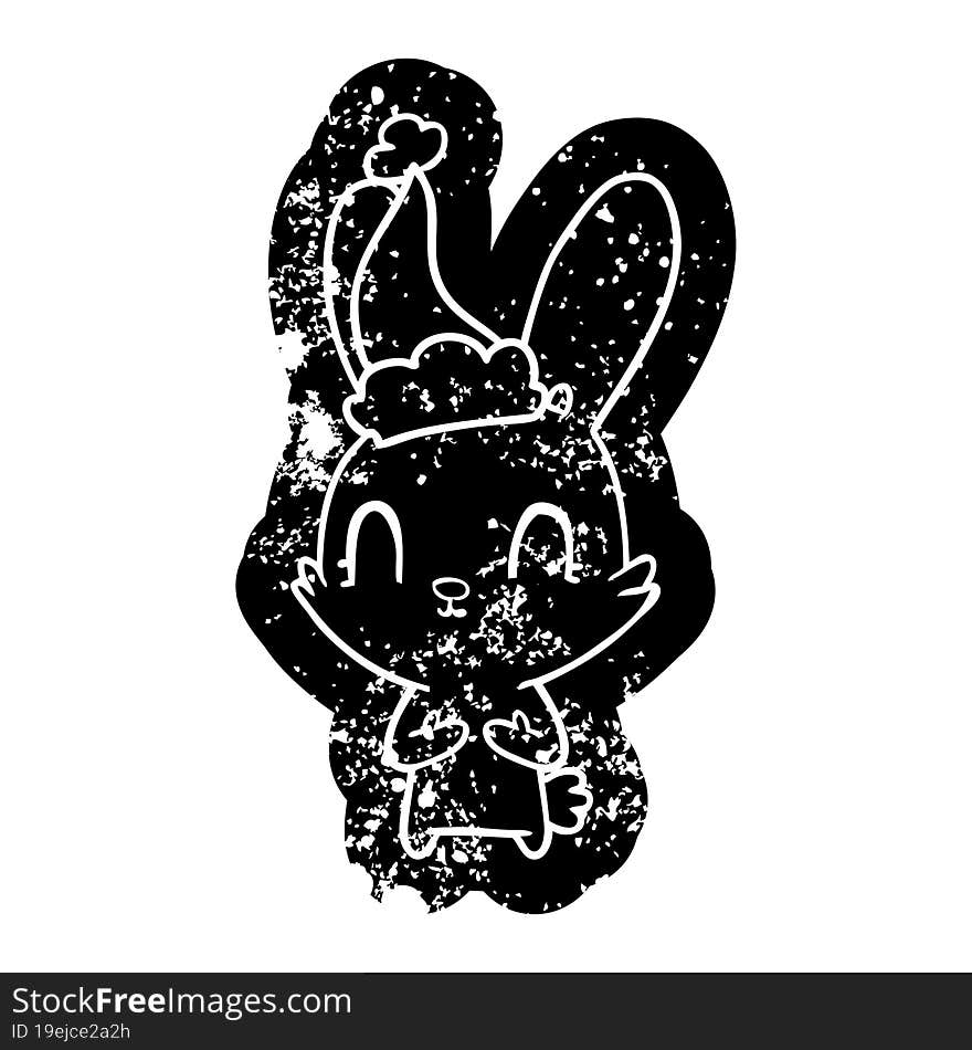 cute cartoon distressed icon of a rabbit wearing santa hat