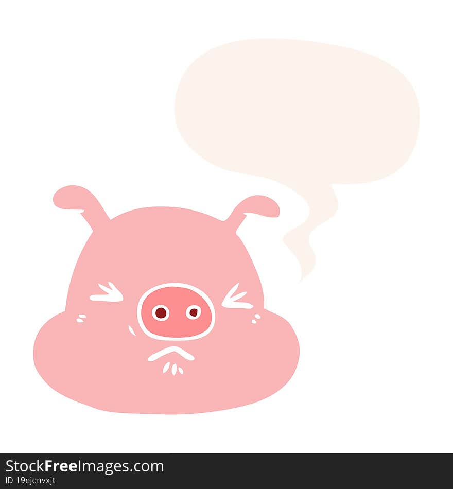 cartoon angry pig face and speech bubble in retro style