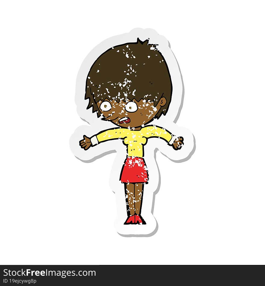 Retro Distressed Sticker Of A Cartoon Woman Panicking