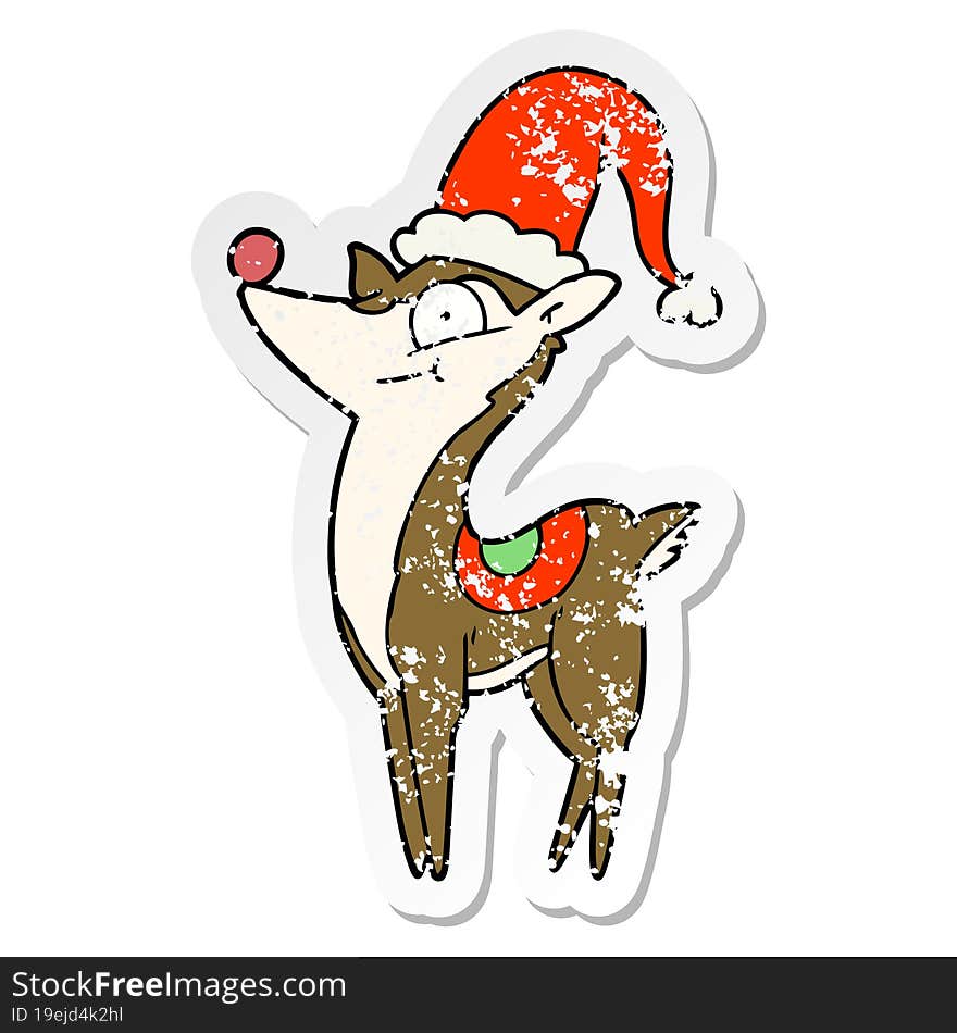 distressed sticker of a cartoon christmas reindeer