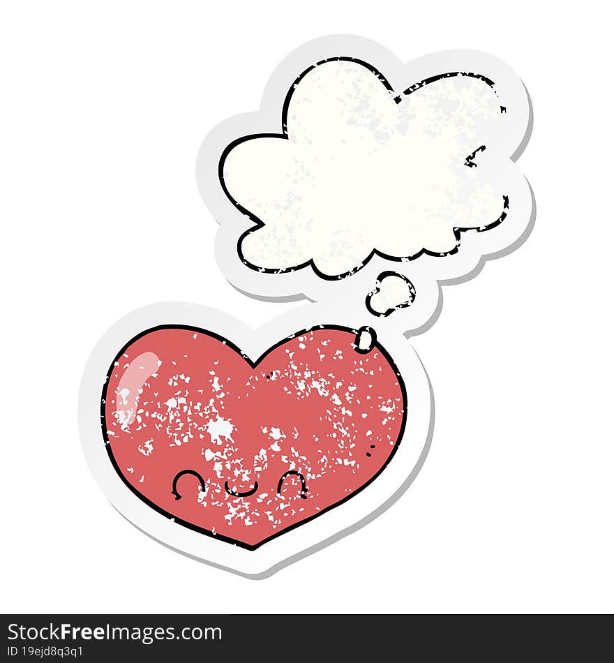 cartoon love heart character and thought bubble as a distressed worn sticker