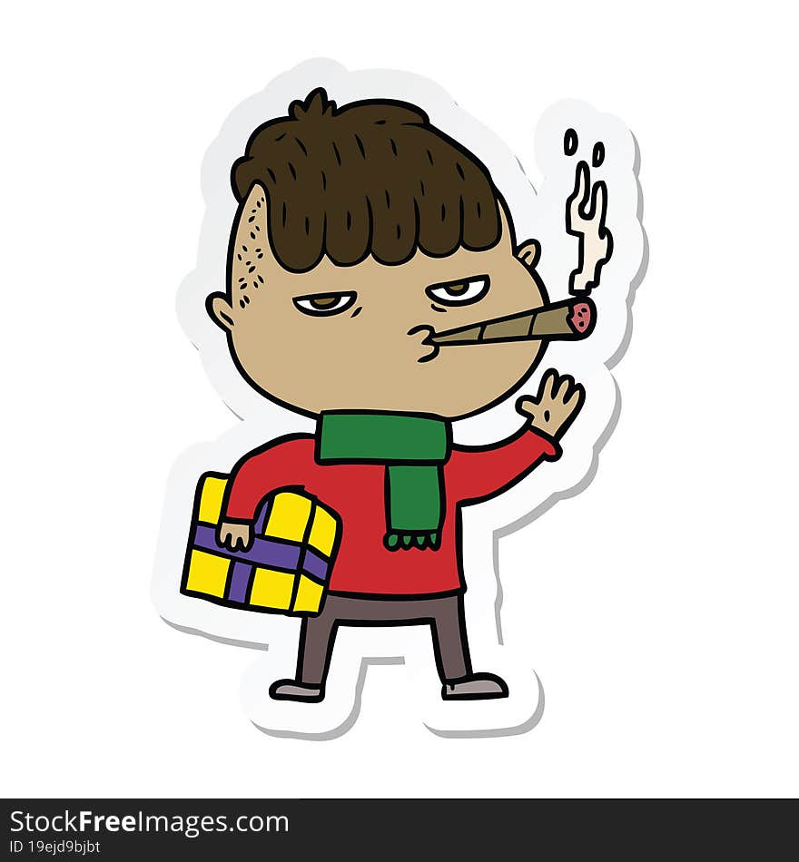 Sticker Of A Cartoon Man Smoking Carrying Christmas Gift