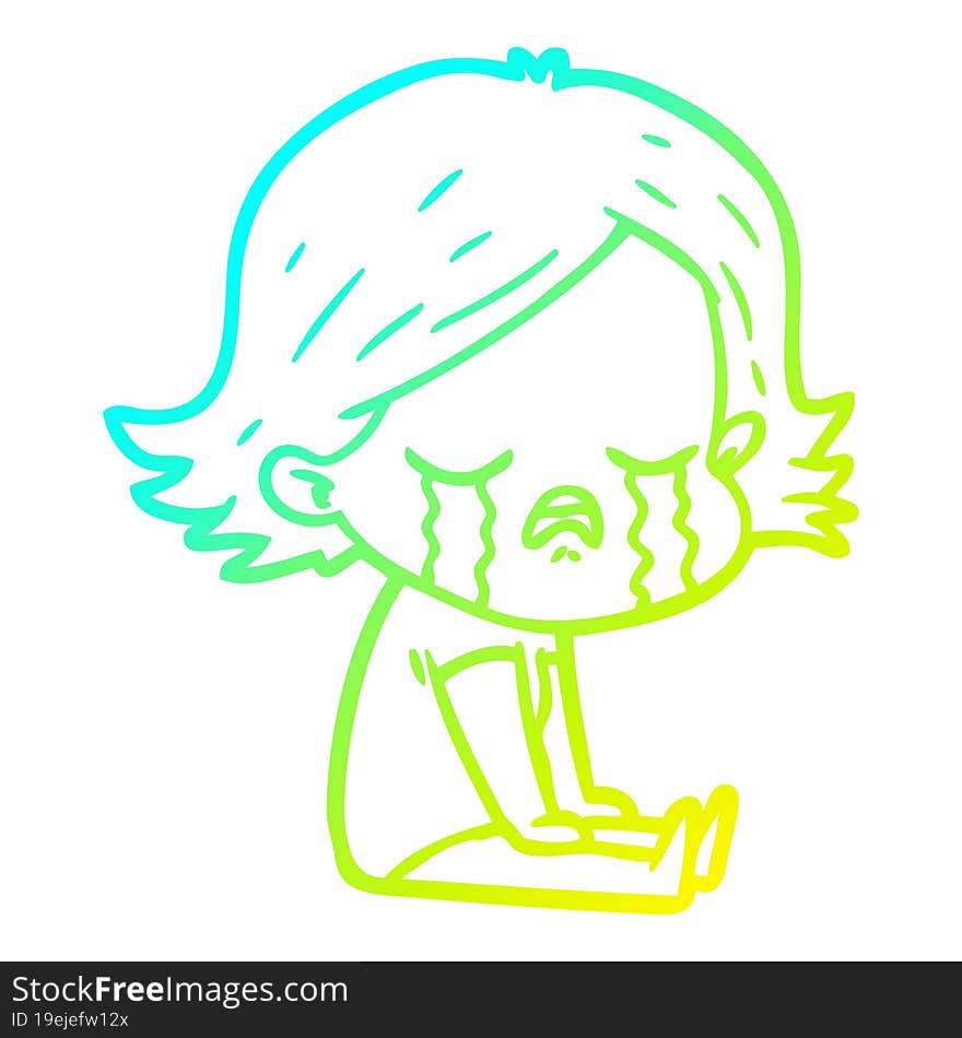 cold gradient line drawing of a cartoon girl crying sat on floor