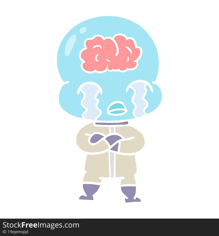 Flat Color Style Cartoon Big Brain Alien Crying