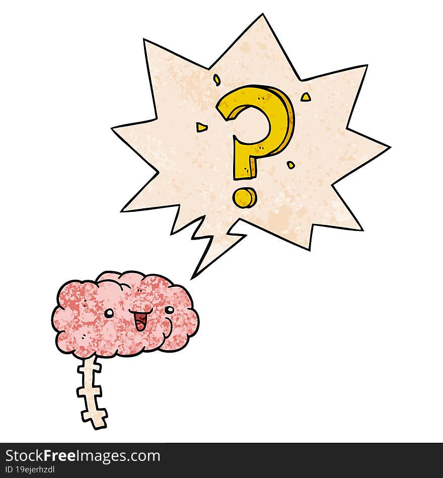 Cartoon Curious Brain And Speech Bubble In Retro Texture Style