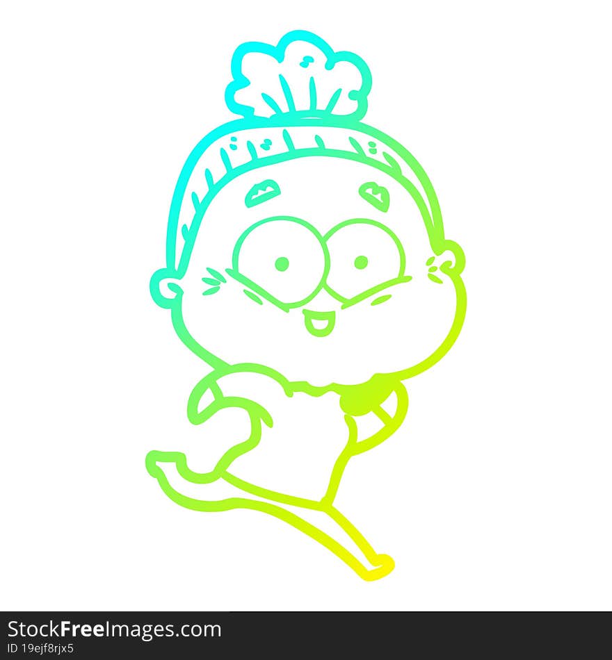 cold gradient line drawing of a cartoon happy old woman