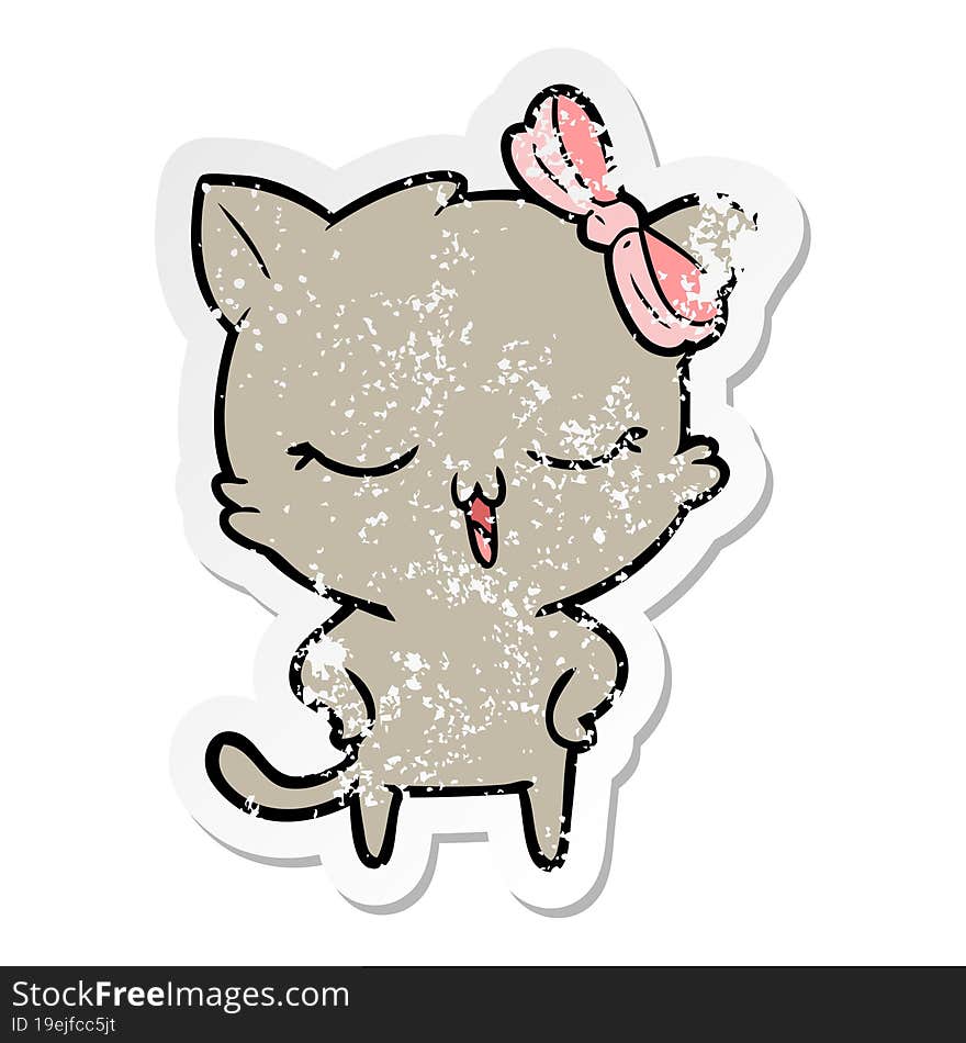 distressed sticker of a cartoon cat with bow on head and hands on hips