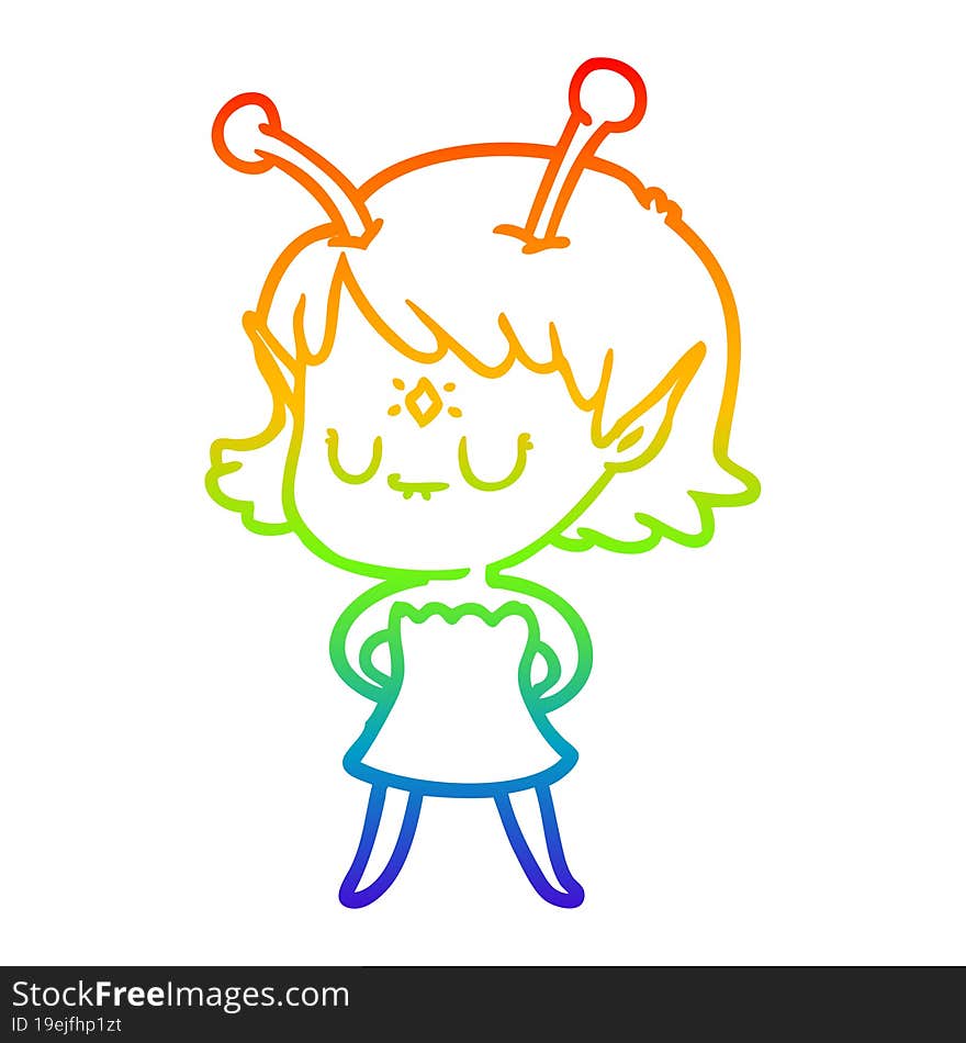 rainbow gradient line drawing of a cartoon alien girl