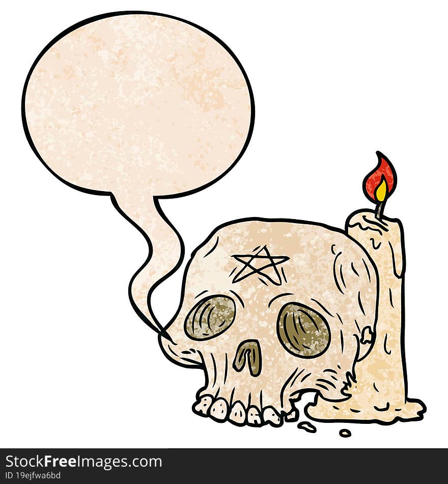 Cartoon Spooky Skull And Candle And Speech Bubble In Retro Texture Style