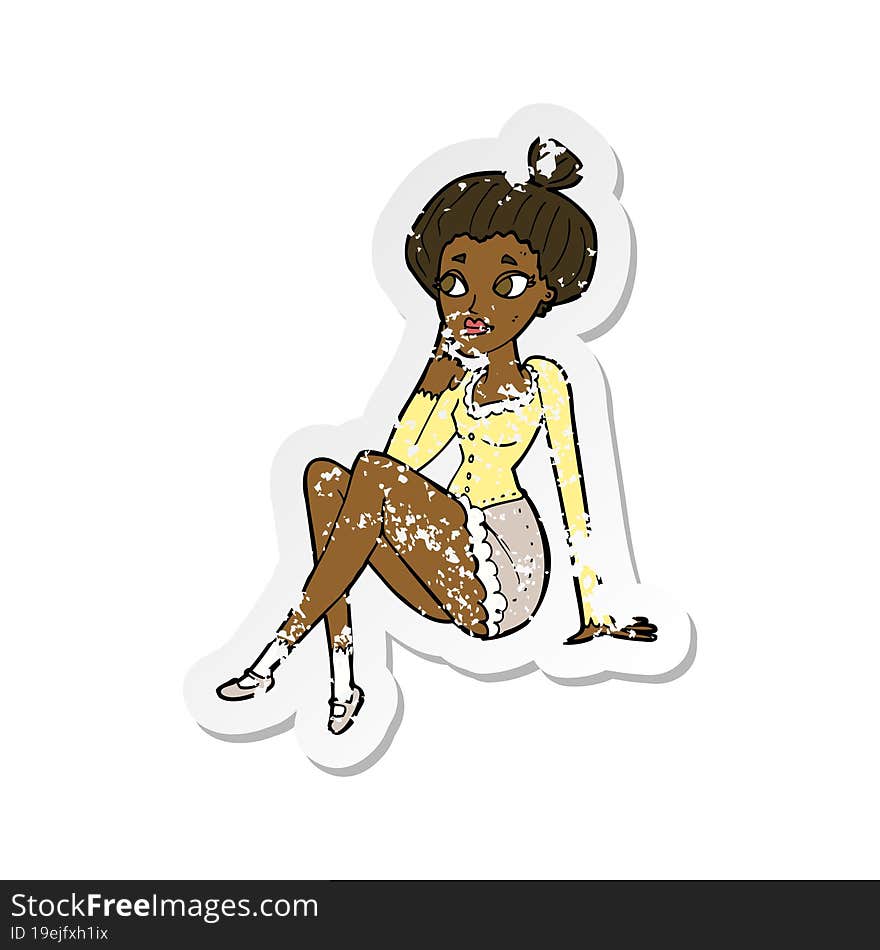 retro distressed sticker of a cartoon attractive woman sitting thinking