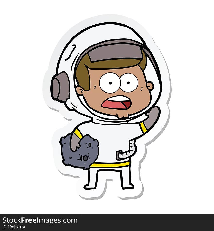 sticker of a cartoon surprised astronaut holding moon rock