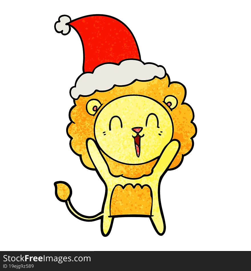 laughing lion hand drawn textured cartoon of a wearing santa hat. laughing lion hand drawn textured cartoon of a wearing santa hat