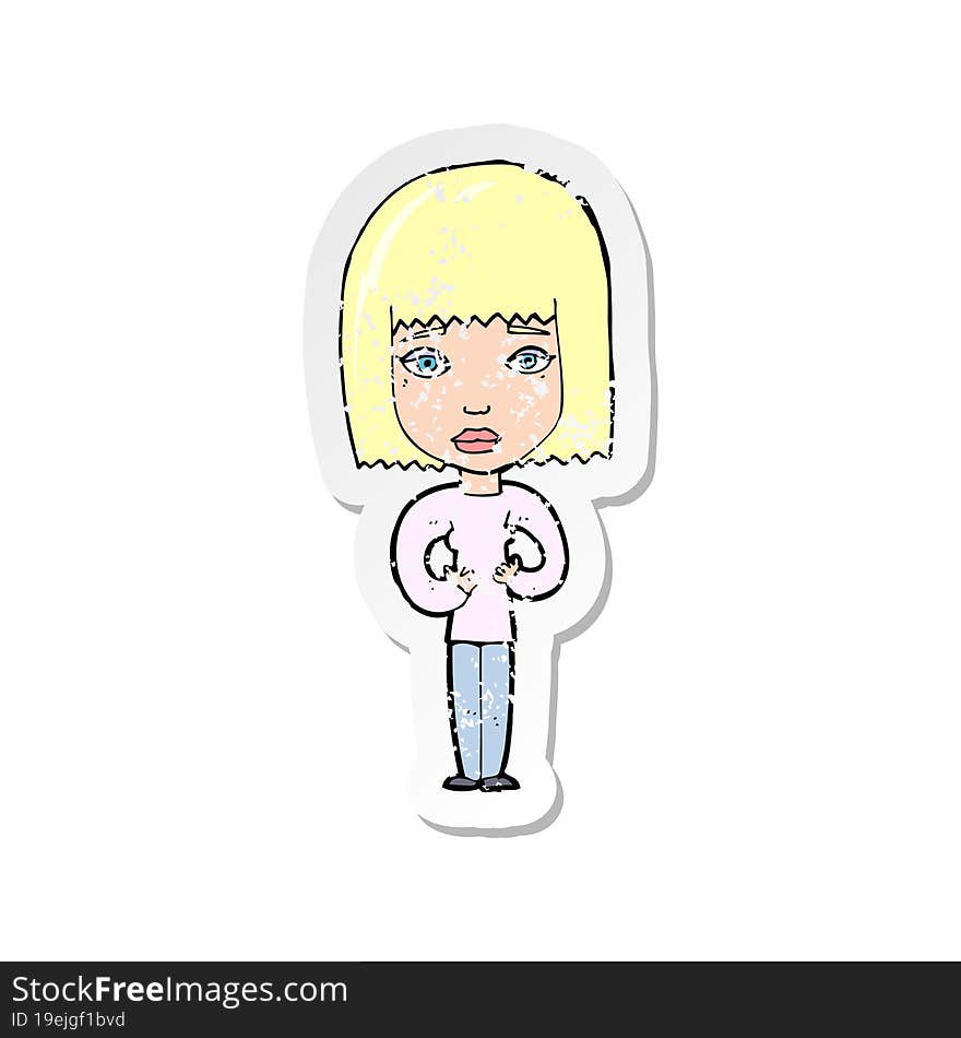 retro distressed sticker of a cartoon woman indicating self