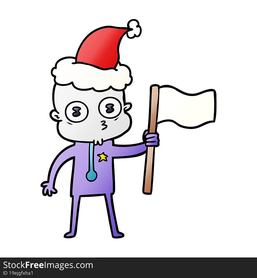 gradient cartoon of a weird bald spaceman with flag wearing santa hat