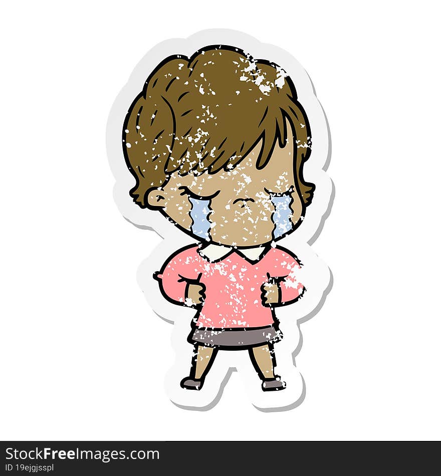 distressed sticker of a cartoon woman crying