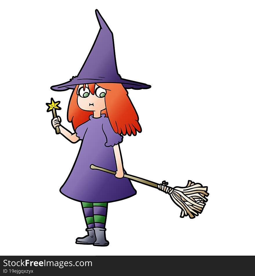 cartoon witch girl with broom. cartoon witch girl with broom