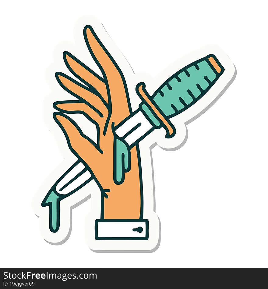 sticker of tattoo in traditional style of a dagger in the hand. sticker of tattoo in traditional style of a dagger in the hand