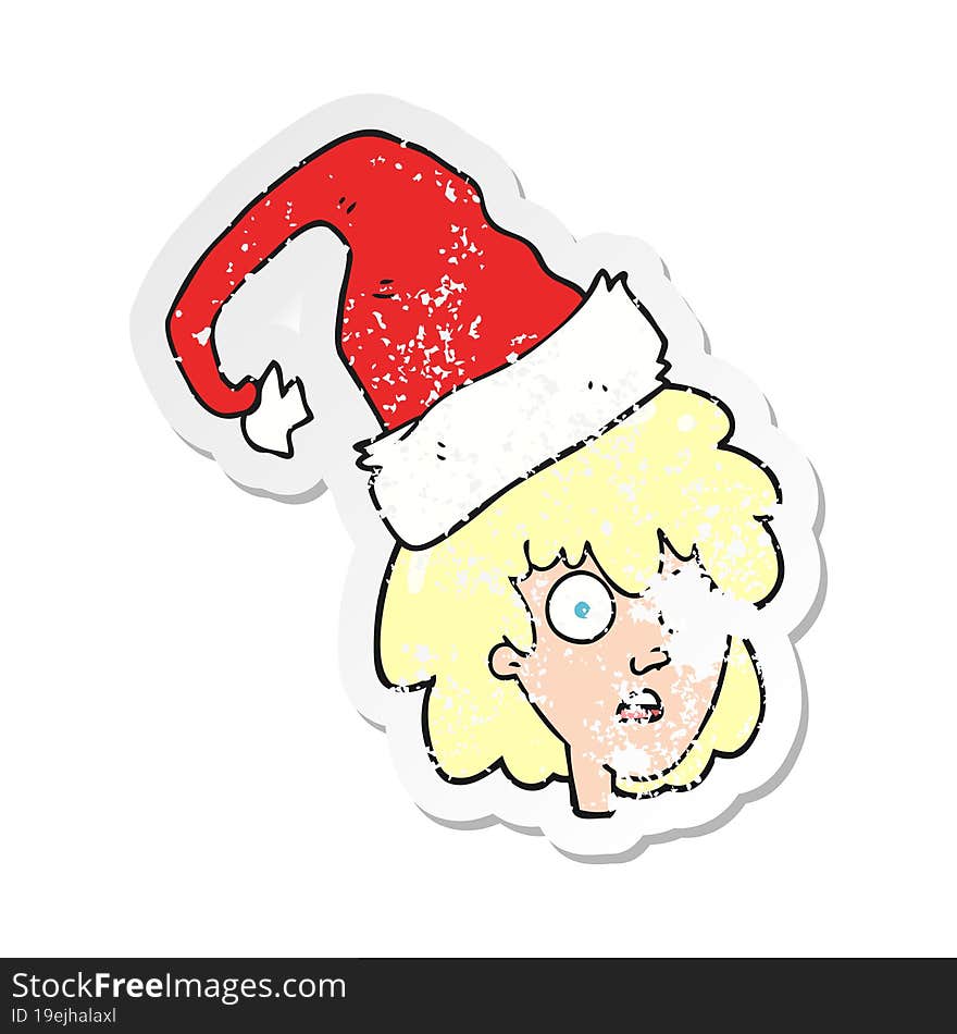 Retro Distressed Sticker Of A Cartoon Woman With Santa Hat