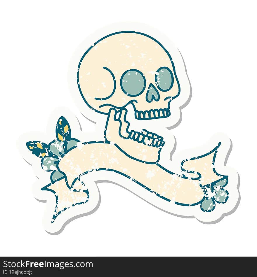 grunge sticker with banner of a skull