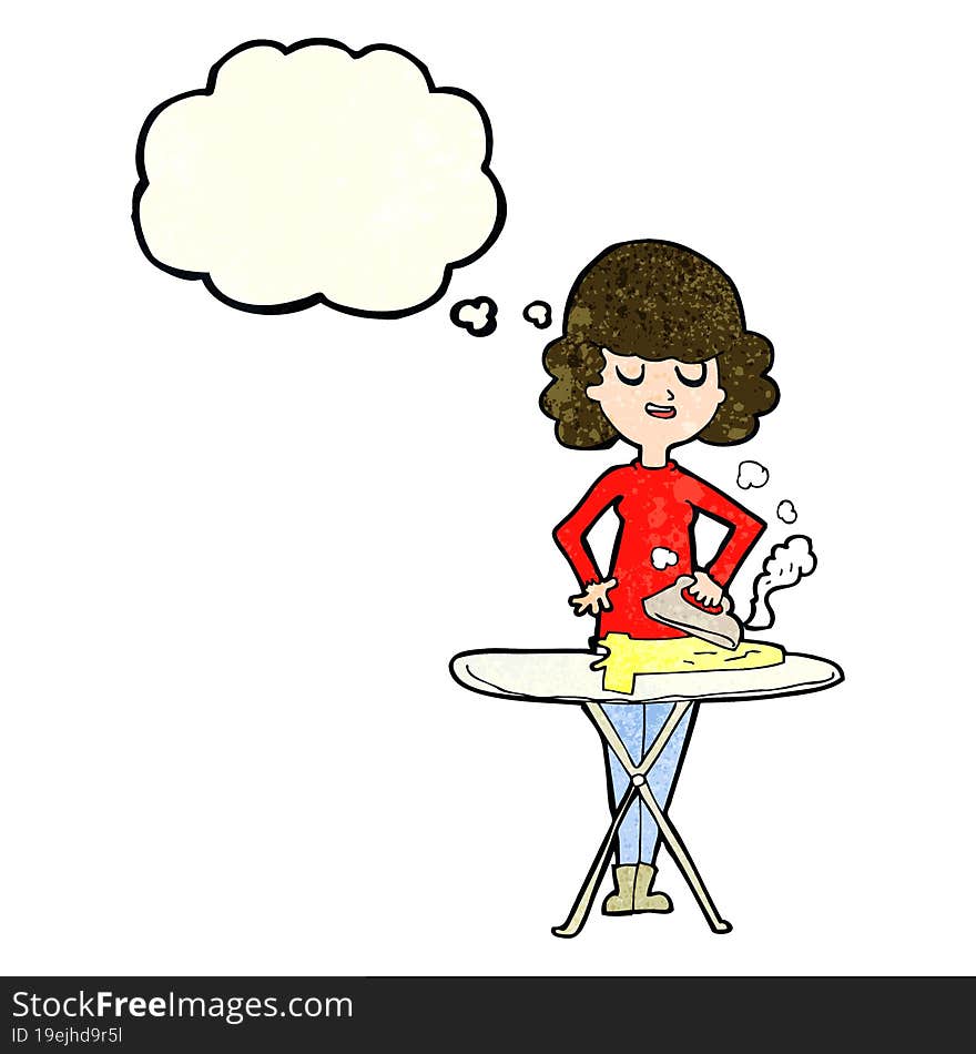 cartoon woman ironing with thought bubble