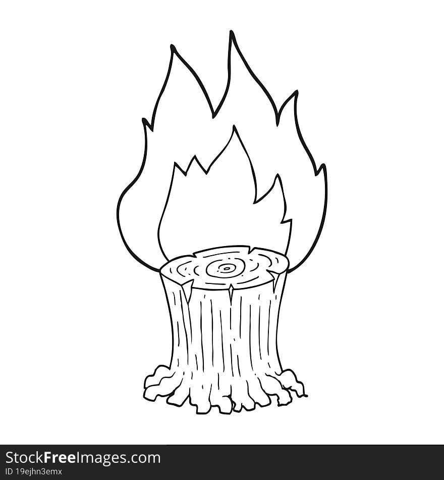 black and white cartoon big tree stump on fire