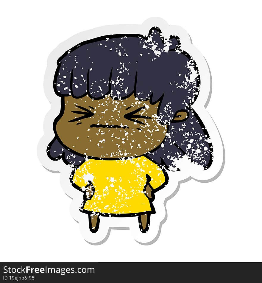 distressed sticker of a cartoon angry girl