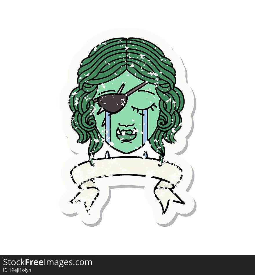 grunge sticker of a crying orc rogue character face. grunge sticker of a crying orc rogue character face