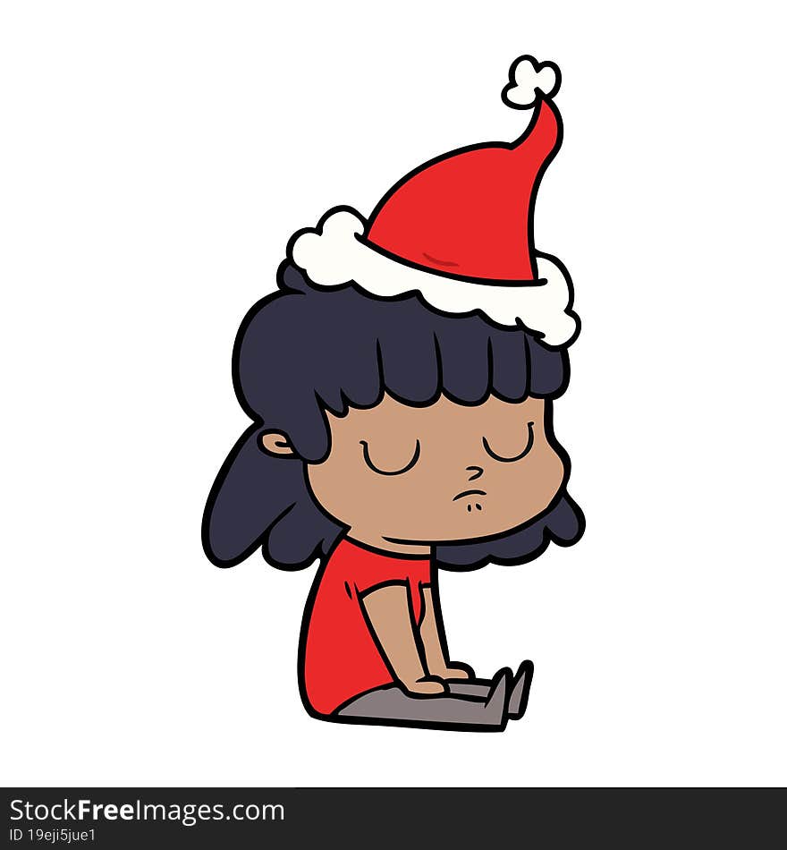 line drawing of a indifferent woman wearing santa hat