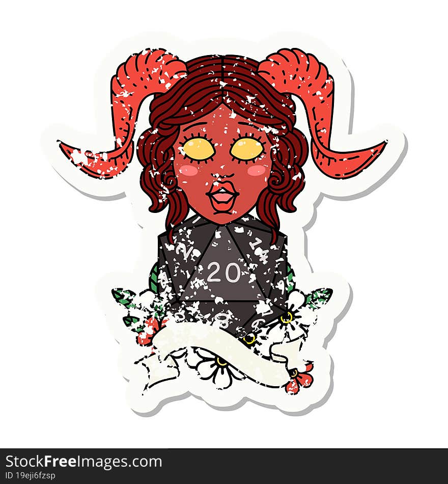 grunge sticker of a tiefling with natural twenty dice roll. grunge sticker of a tiefling with natural twenty dice roll