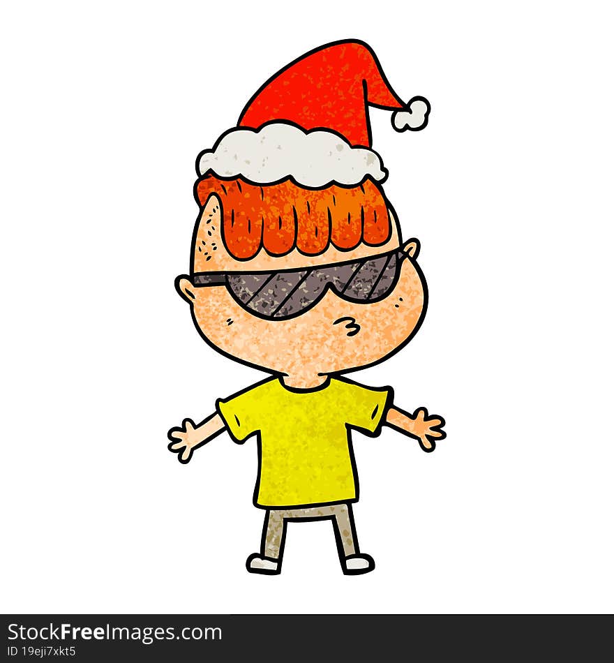 textured cartoon of a boy wearing sunglasses wearing santa hat