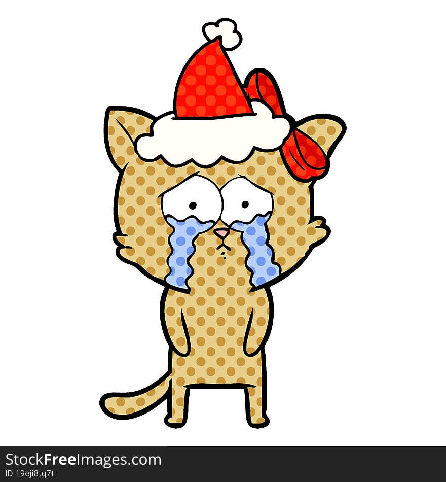 comic book style illustration of a cat wearing santa hat