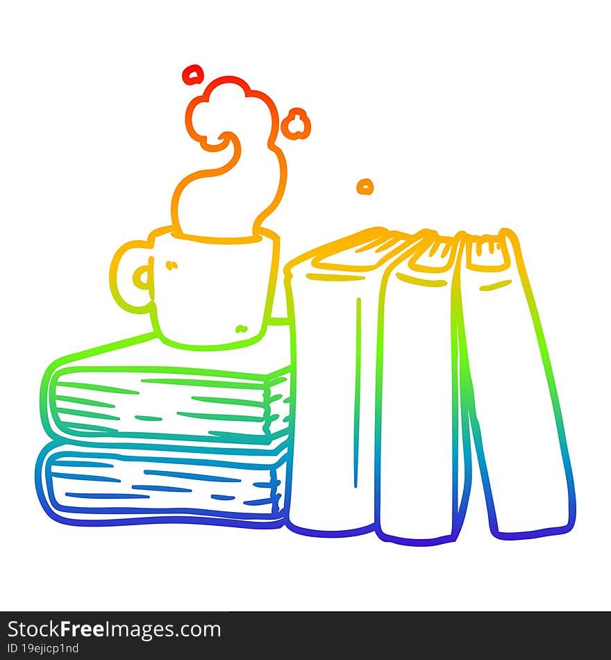 rainbow gradient line drawing of a cartoon coffee cup and study books