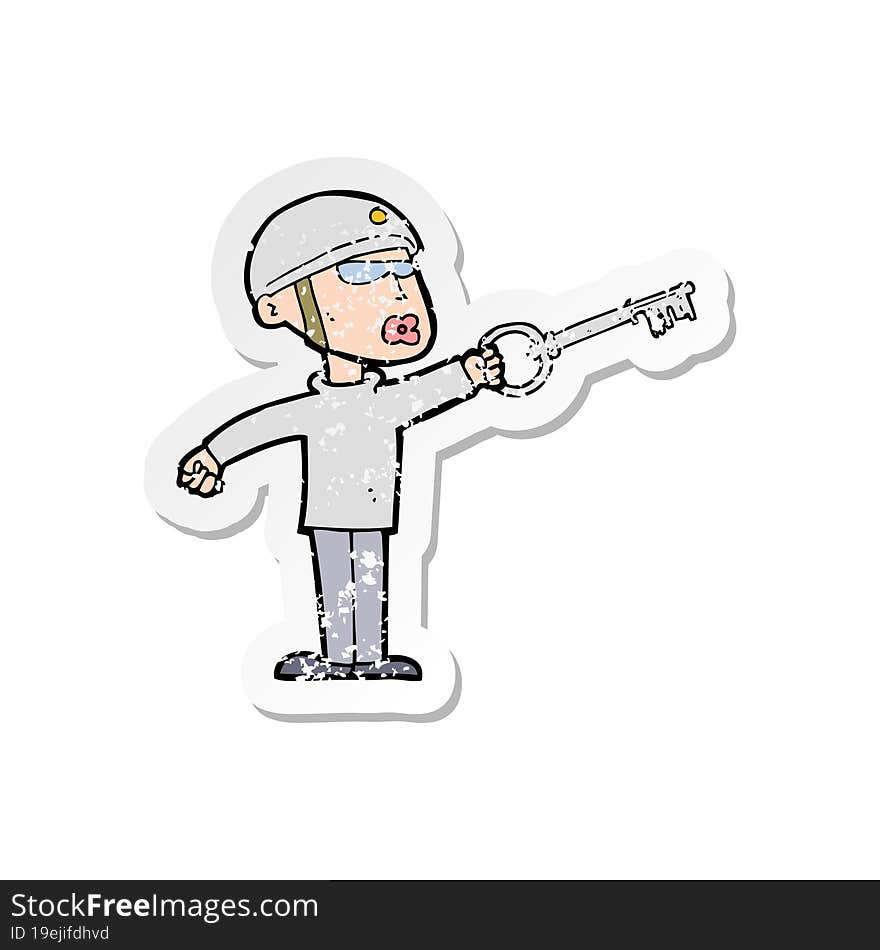 retro distressed sticker of a cartoon security guy with key