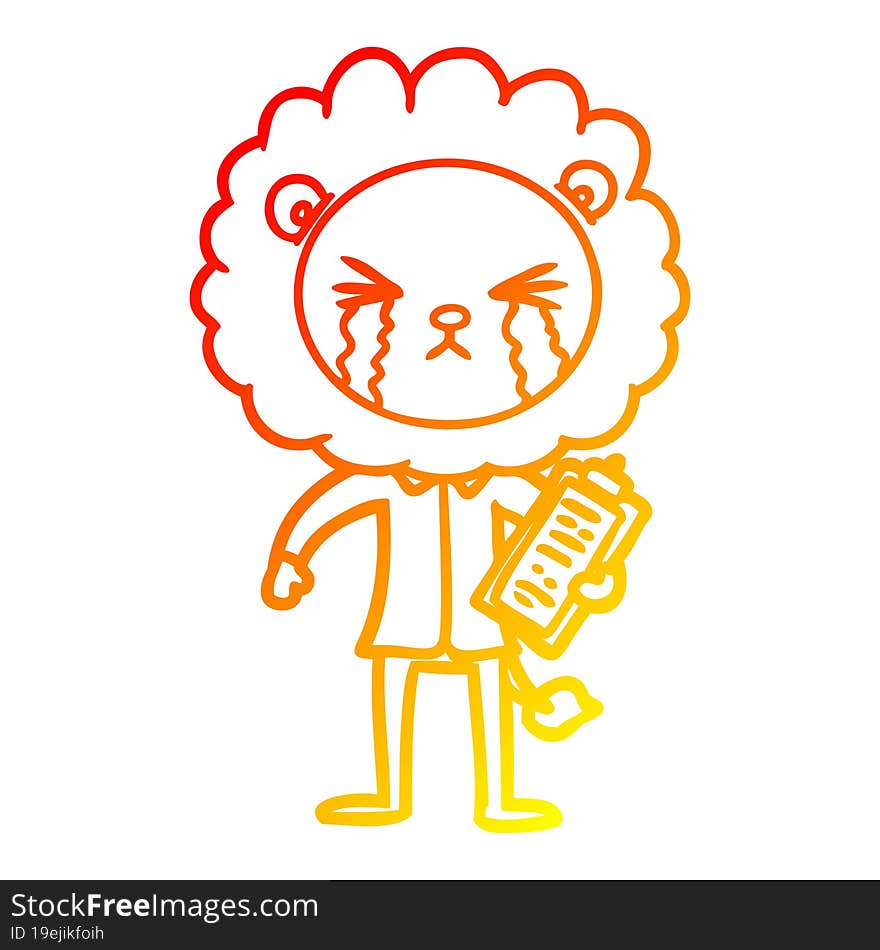 warm gradient line drawing cartoon crying lion with clipboard