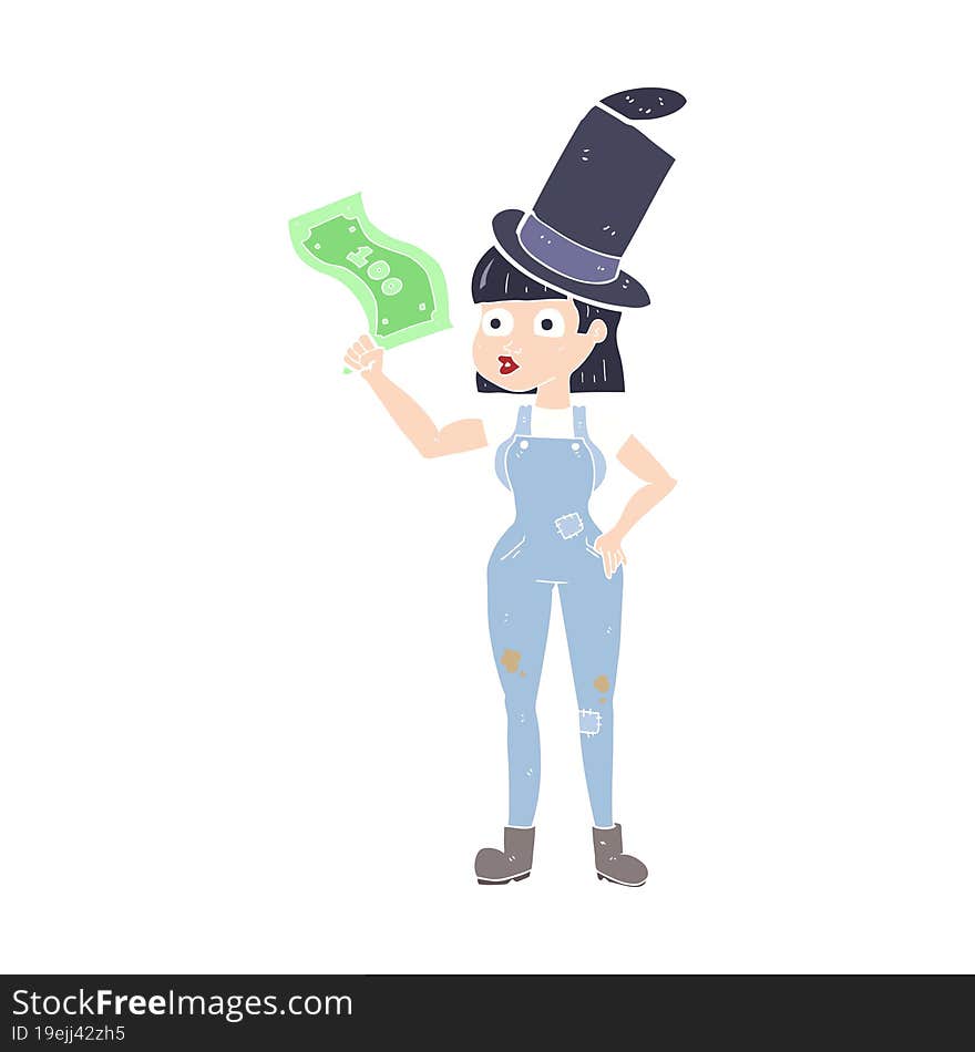 Flat Color Illustration Of A Cartoon Woman Holding On To Money