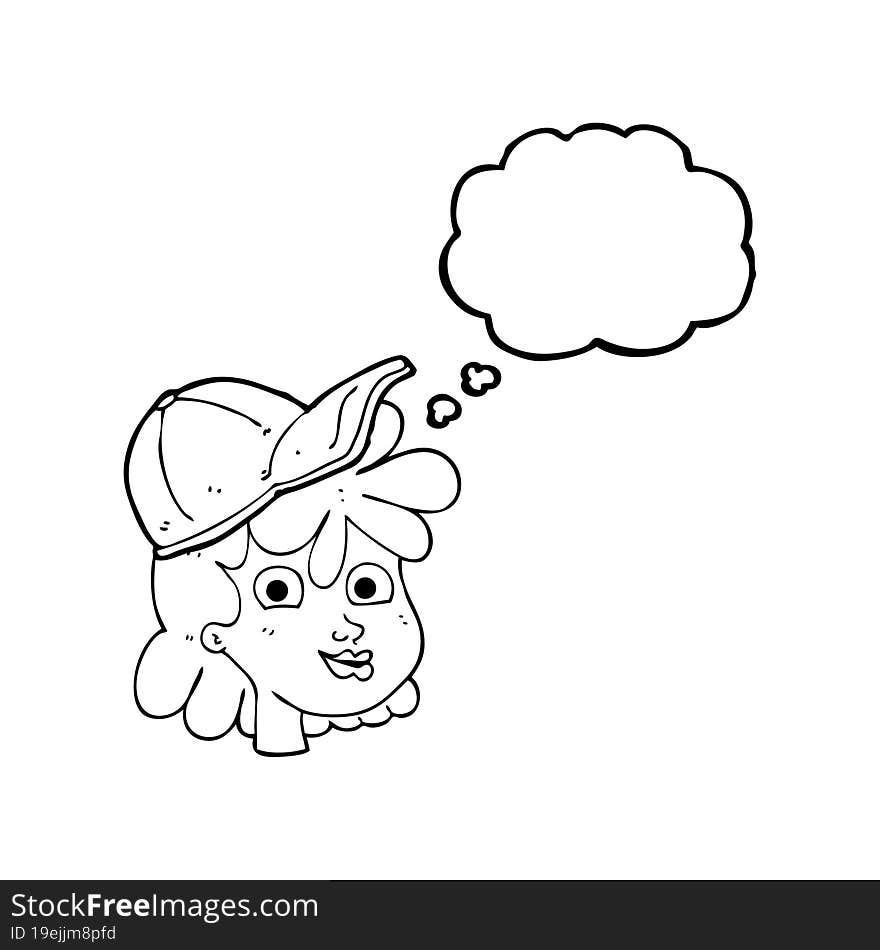 thought bubble cartoon female face wearing cap