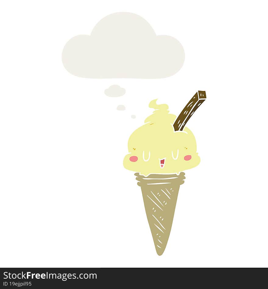 cute cartoon ice cream and thought bubble in retro style