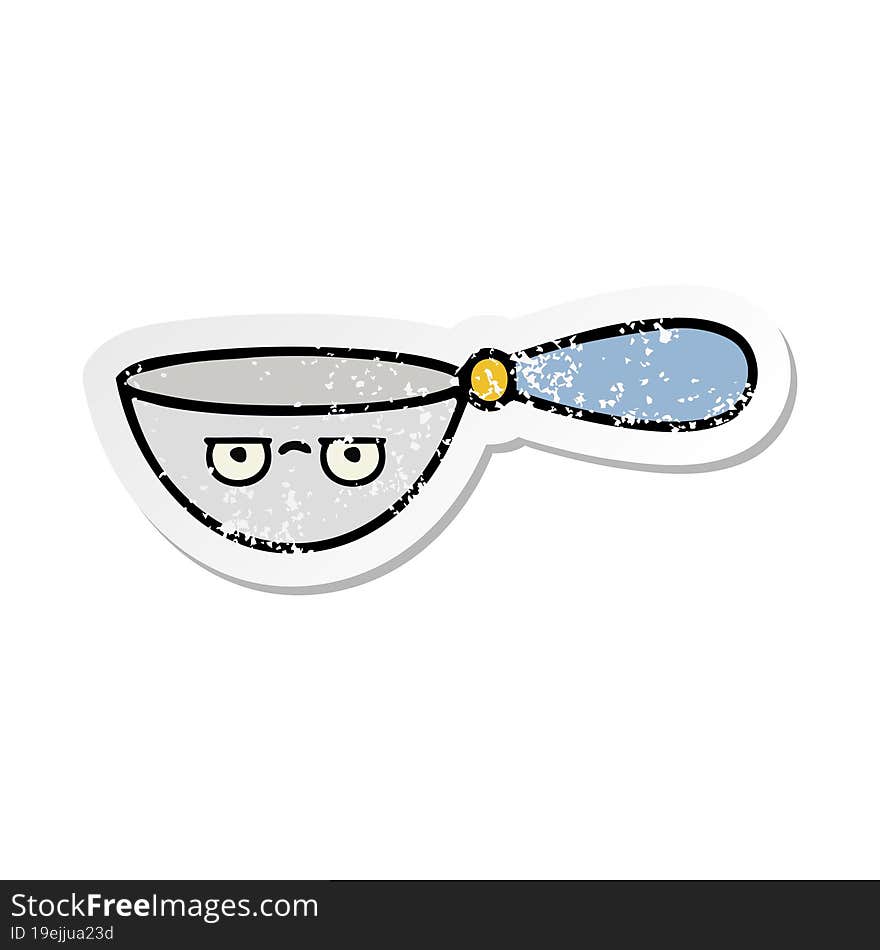 Distressed Sticker Of A Cute Cartoon Measuring Spoon