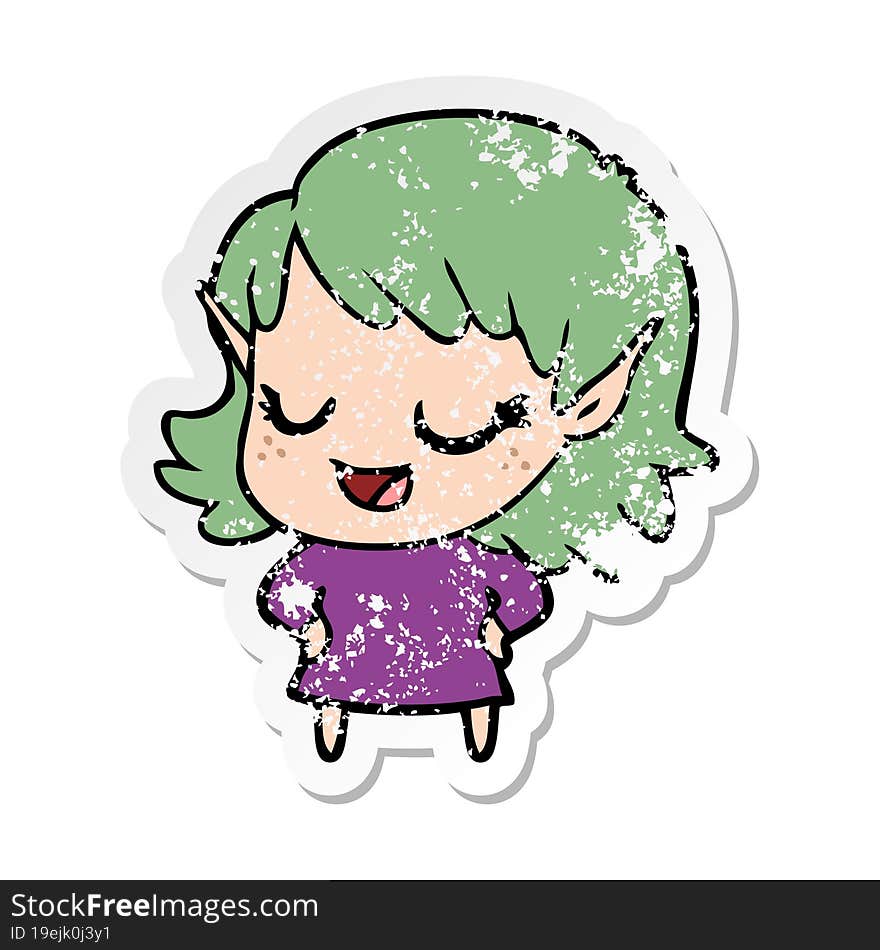 distressed sticker of a happy cartoon elf girl