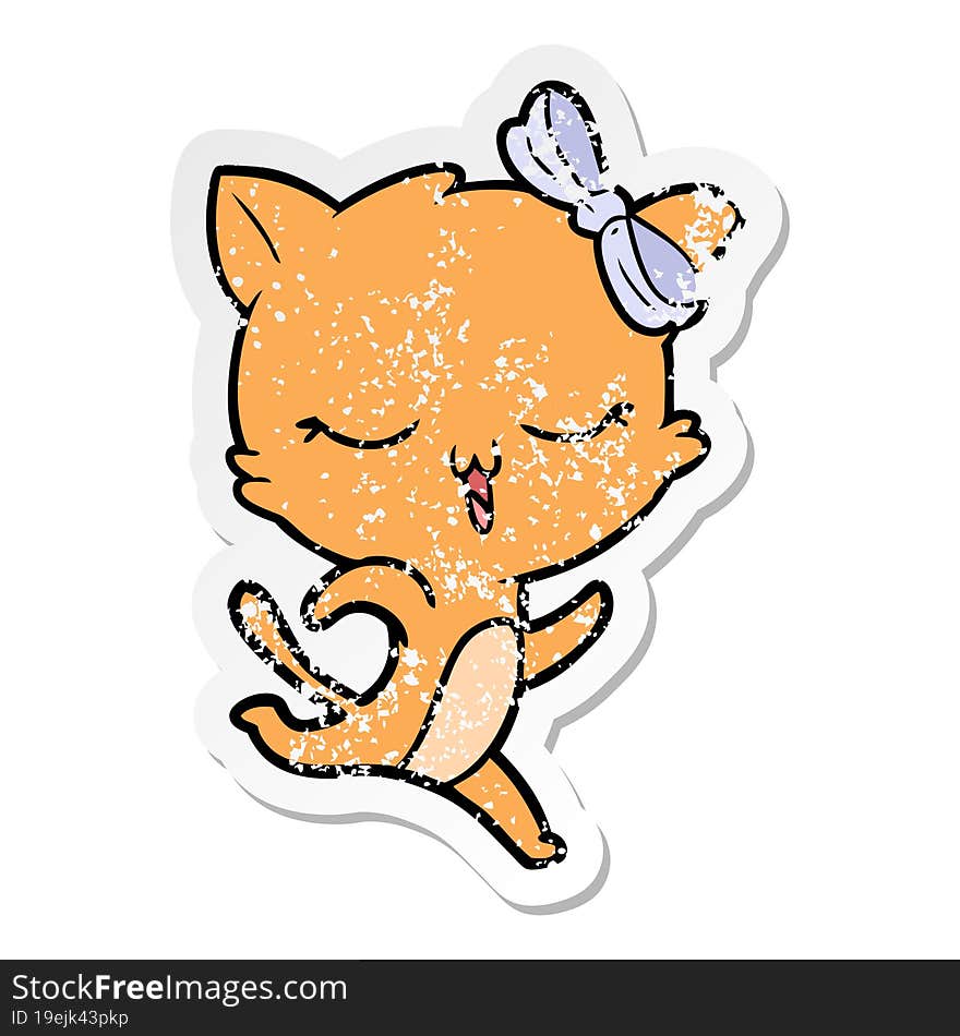 distressed sticker of a cartoon cat with bow on head