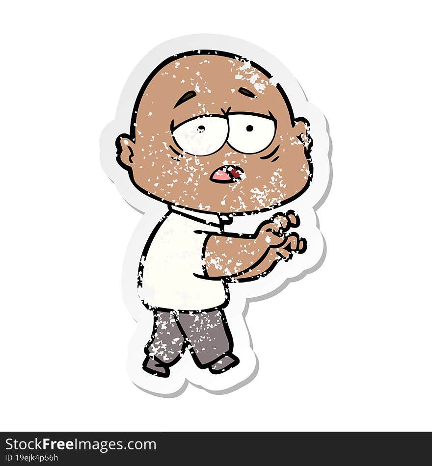 distressed sticker of a cartoon tired bald man