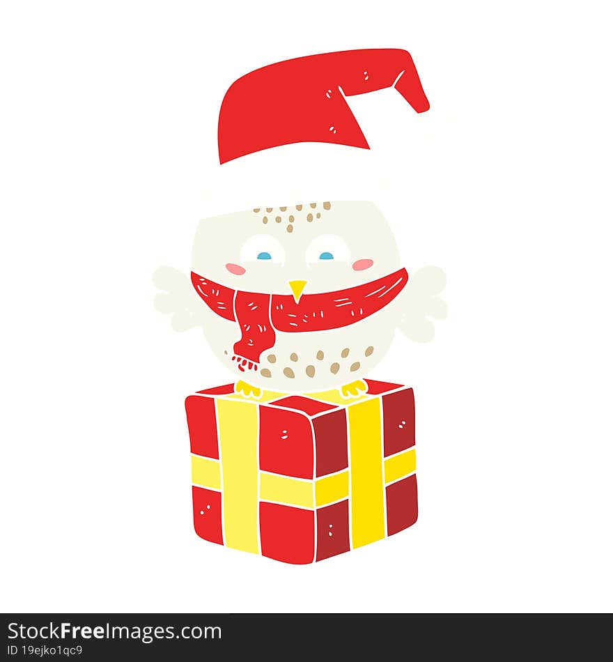 Flat Color Illustration Of A Cartoon Cute Christmas Owl On Wrapped Present