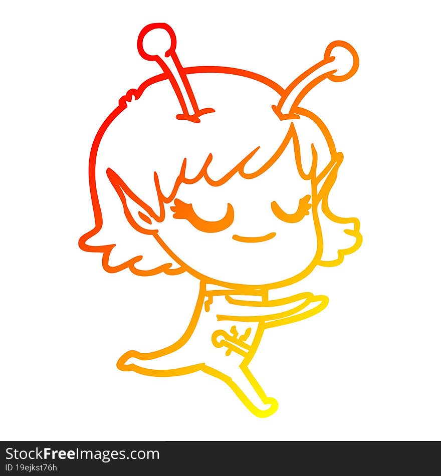 warm gradient line drawing smiling alien girl cartoon running