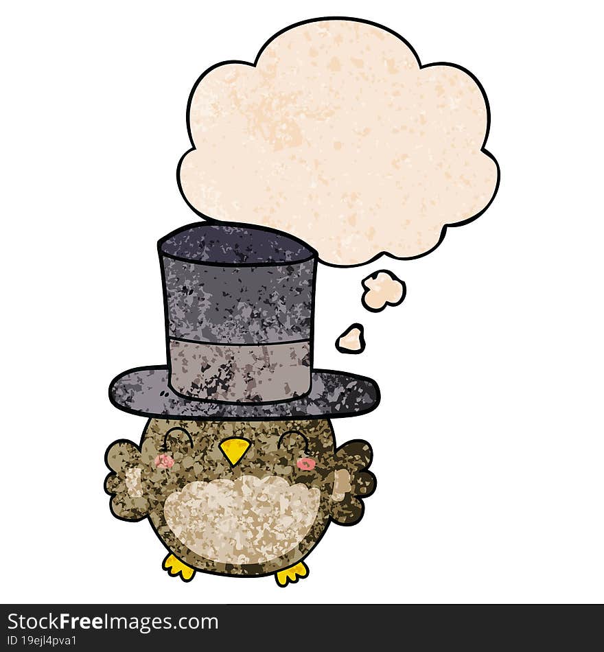 cartoon owl wearing top hat and thought bubble in grunge texture pattern style