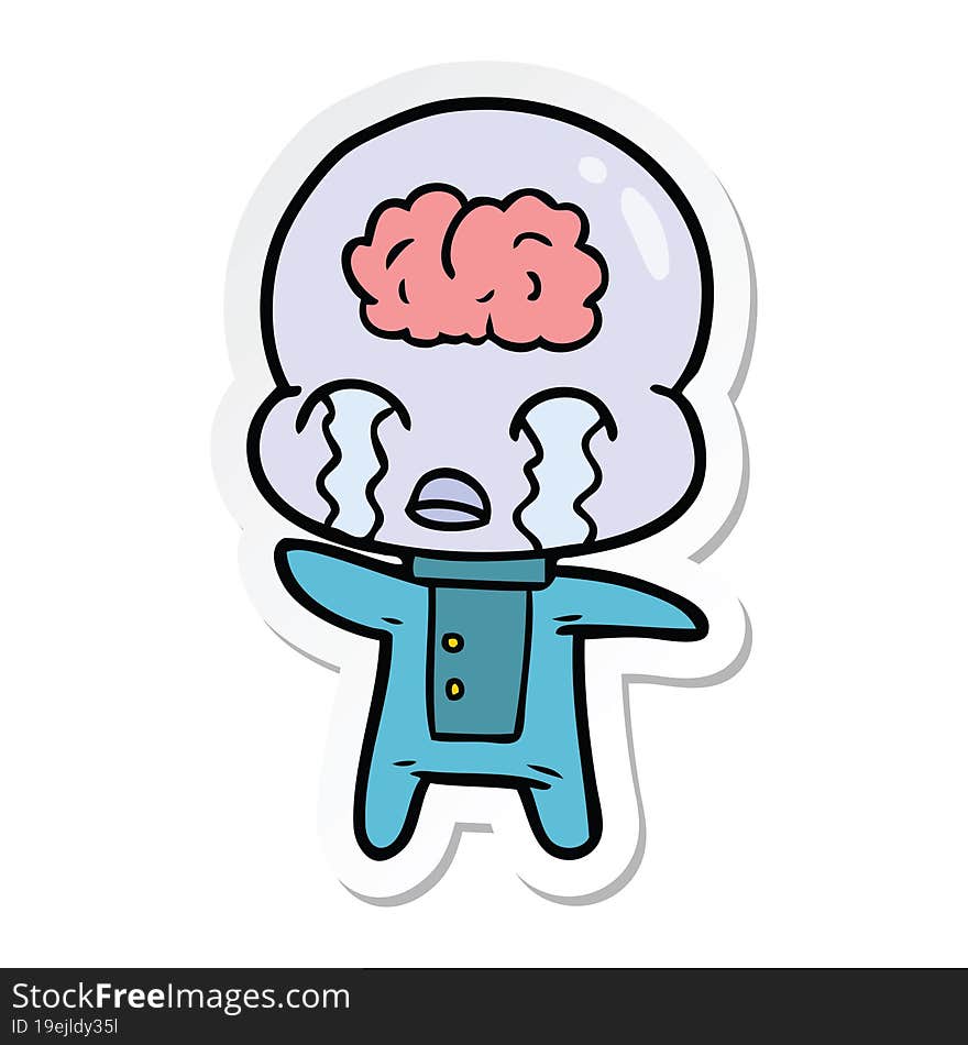 sticker of a cartoon big brain alien crying