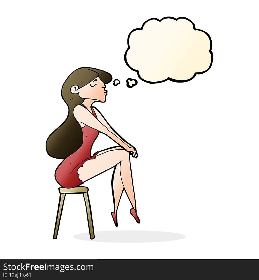 Cartoon Woman Sitting On Stool With Thought Bubble