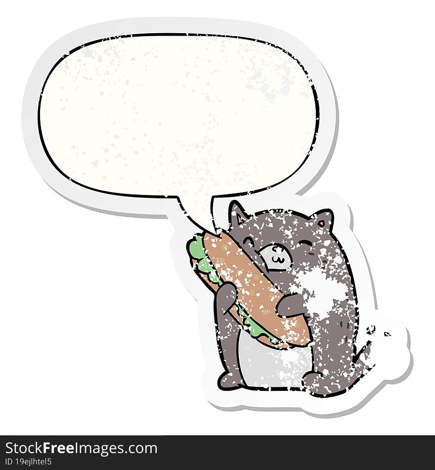 cartoon cat loving the amazing sandwich he\'s just made for lunch with speech bubble distressed distressed old sticker. cartoon cat loving the amazing sandwich he\'s just made for lunch with speech bubble distressed distressed old sticker