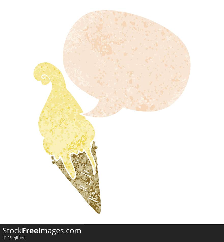 Cartoon Ice Cream And Speech Bubble In Retro Textured Style